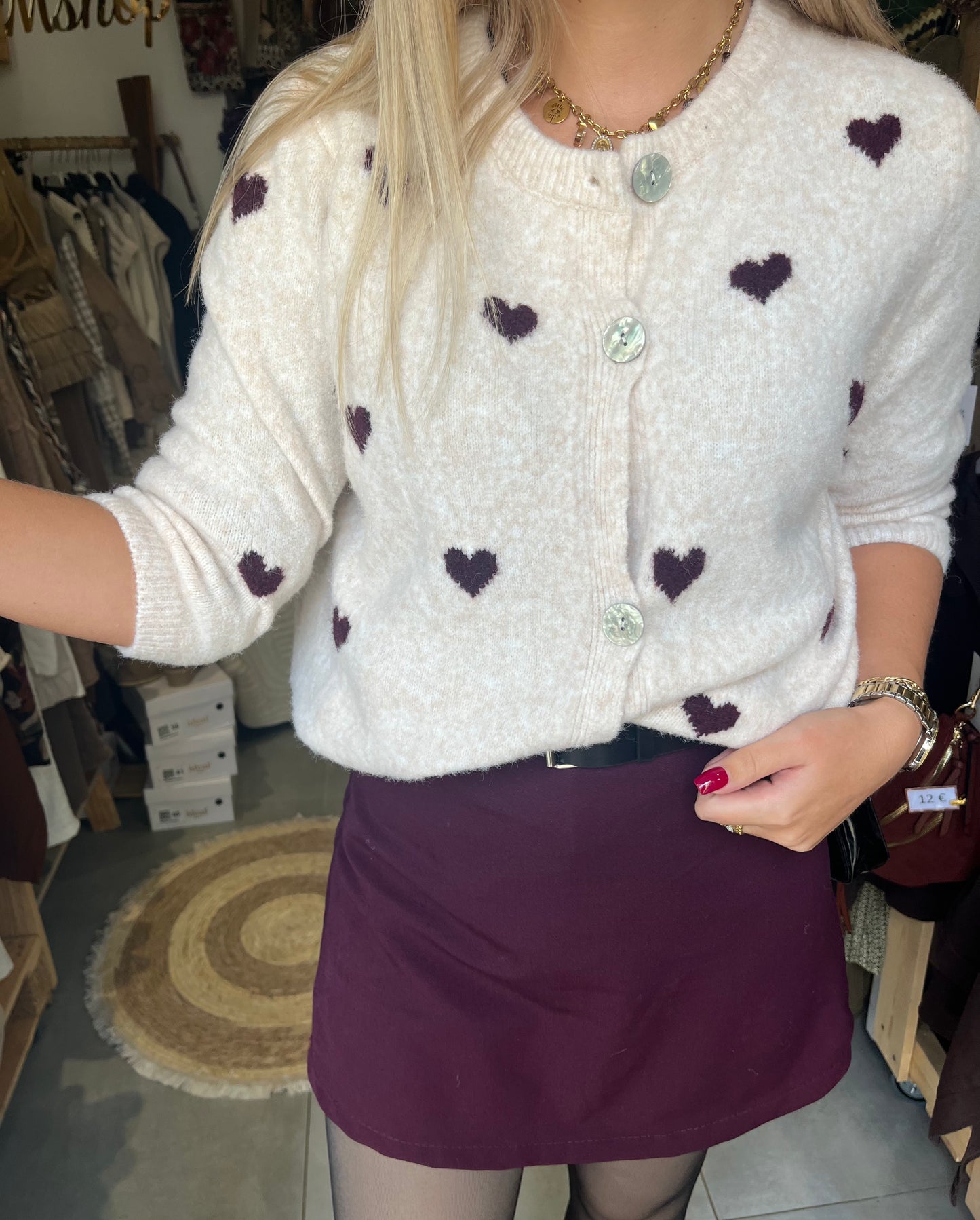 Gilet cœur beige et prune