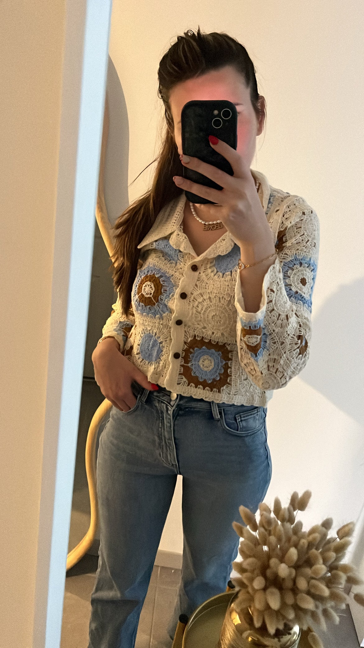 Pull crochet bleu et marron