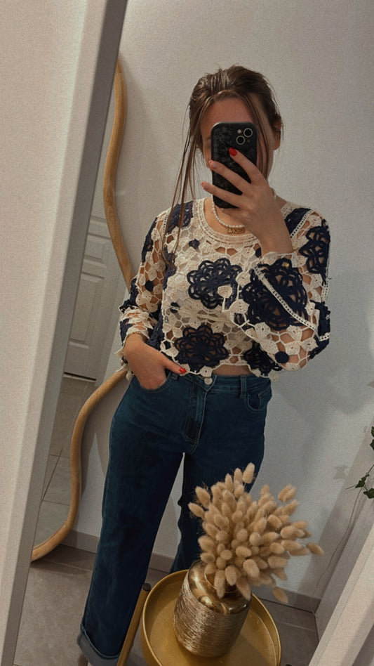 top crochet court bleu marine et beige